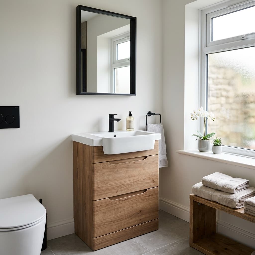 Neutral bathroom with wood vanity